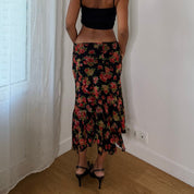 Twin-Set Italian vintage 2000s black floral mesh midi skirt with red roses, drawstring waist & asymmetric ruffle hem