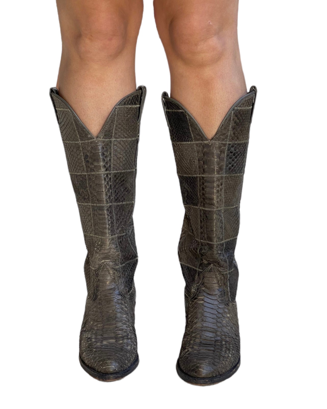 70s Grey Snakeskin Patch Cowboy Boots (6.5)