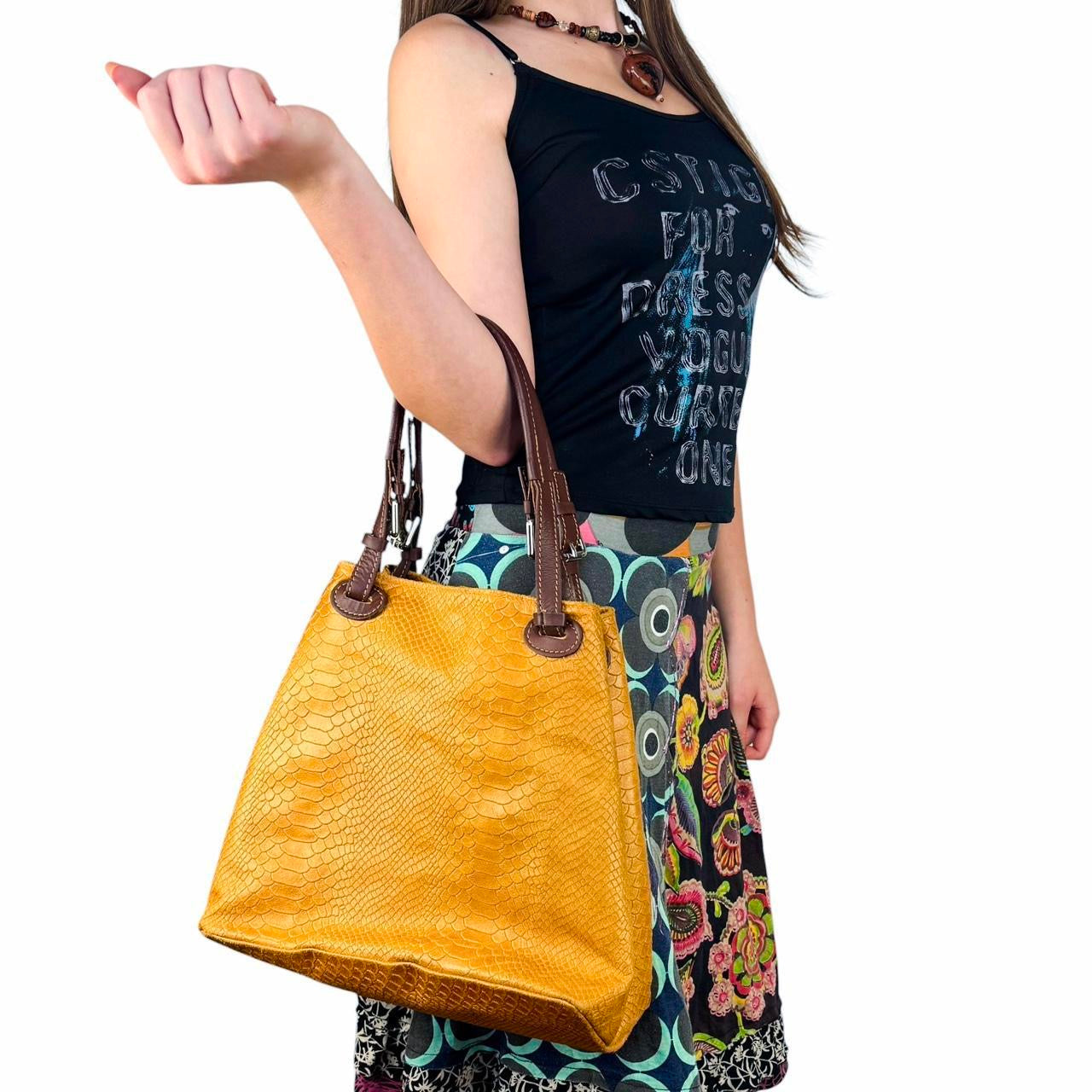 Vintage Amber Yellow Italian Leather Croc Bag