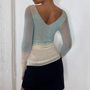 Italian vintage pale blue and ivory sequin embellished mesh long sleeve top