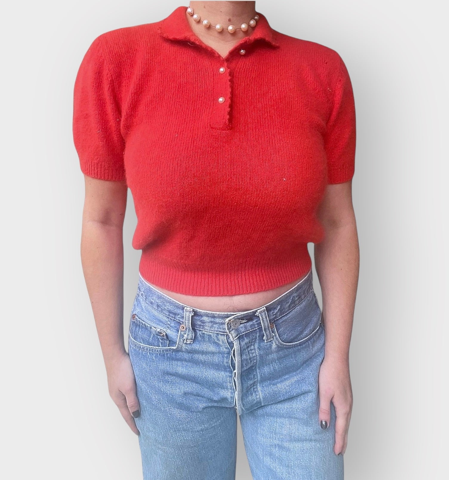 90s Red Angora Sweater Top with Pearl Buttons (S/M)