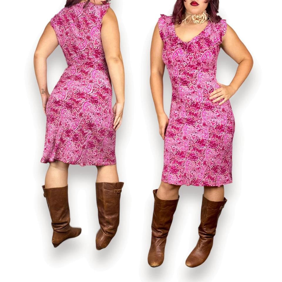 Y2K Paisley Magenta Midi Dress (M)
