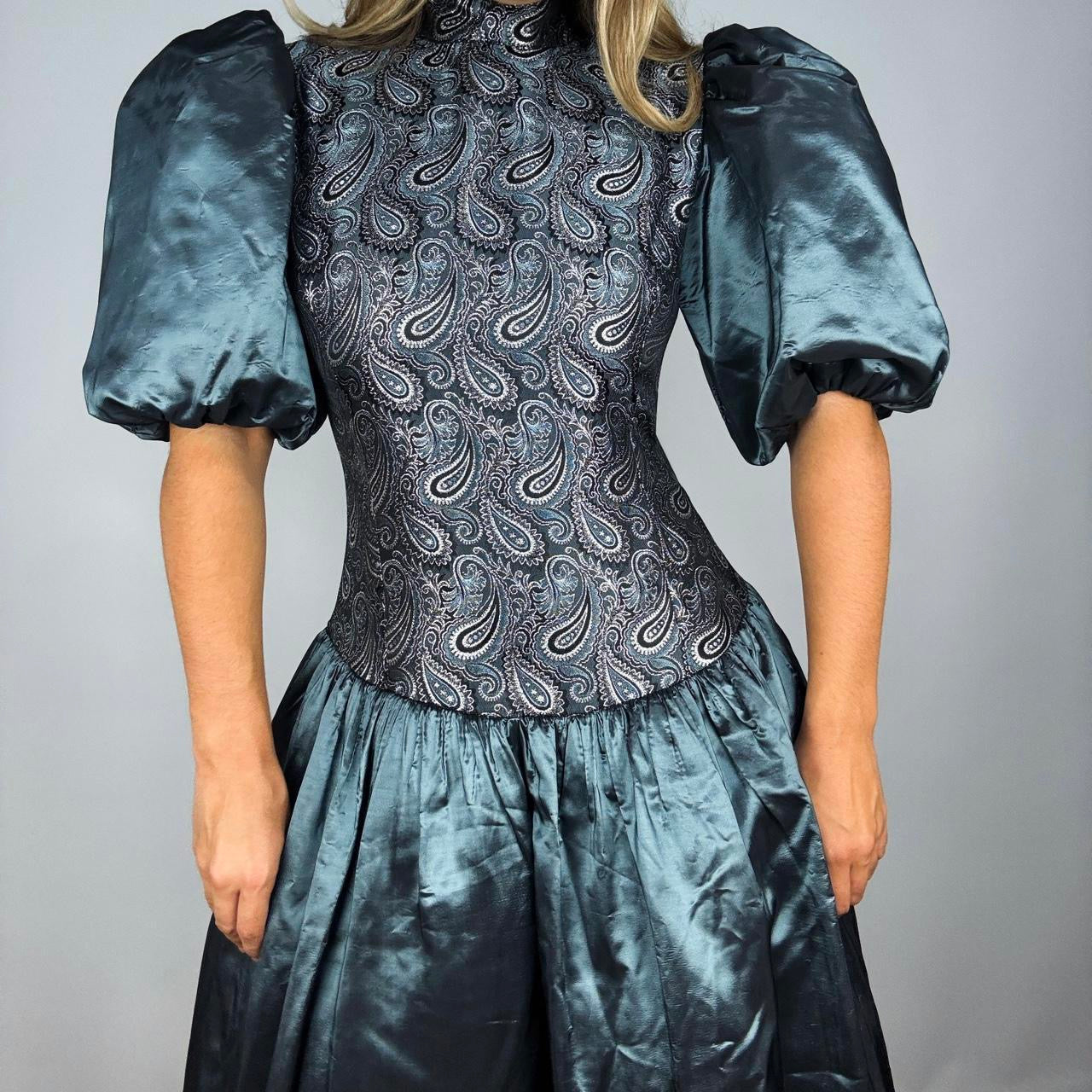 80s Metallic Puff Sleeve Maxi Dress (M)