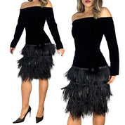 Feather Trim Velvet Off The Shoulder Dress (S)