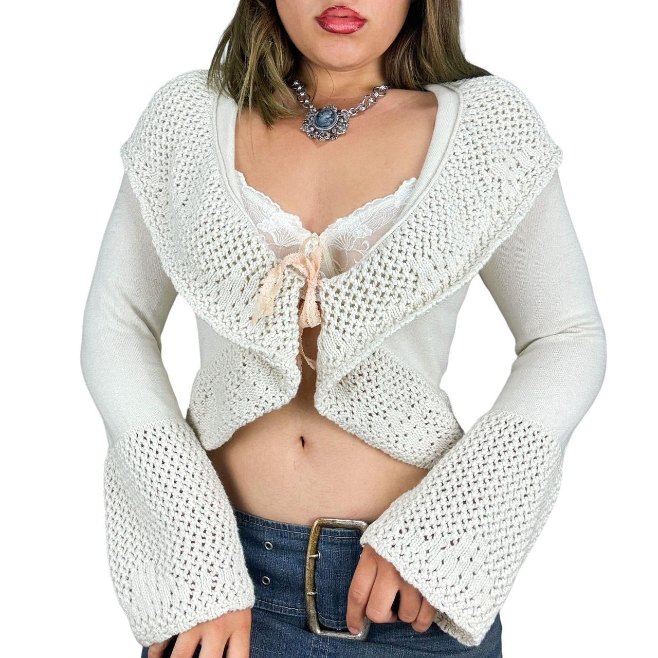 2000s Crochet Ruffle Bell Sleeve Cardigan (S)