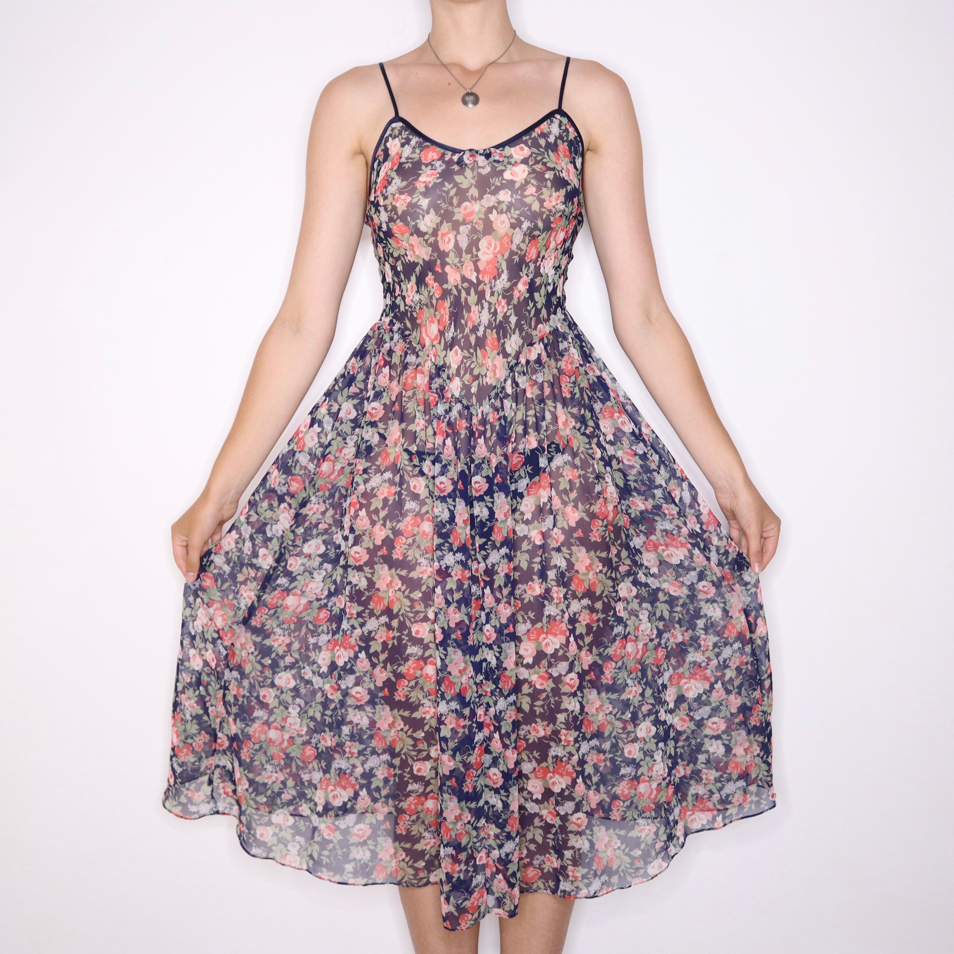 90s Long Sheer Floral Slip Dress (S/M)