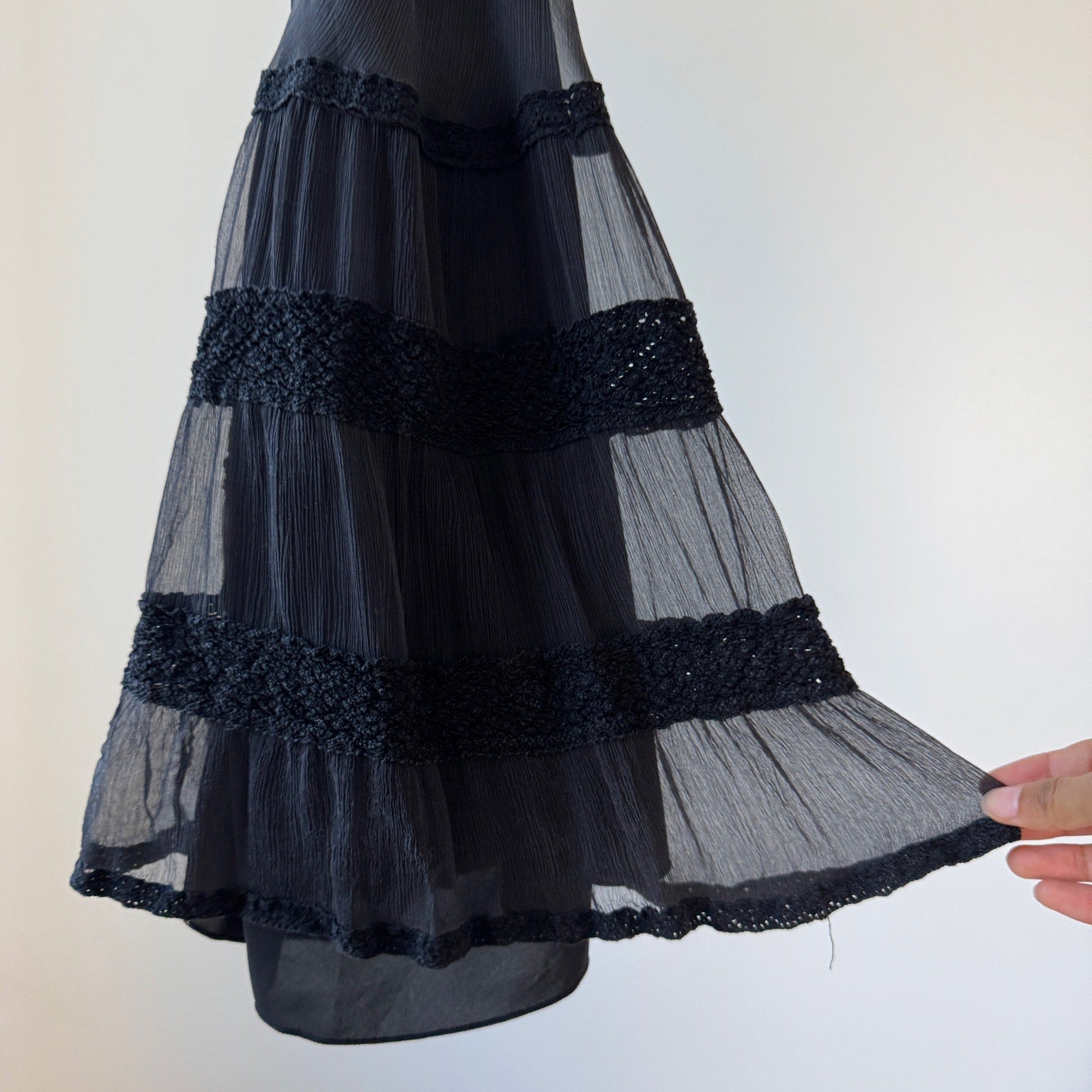 Vintage Black Silk Tiered Slip Dress (S) ⠀