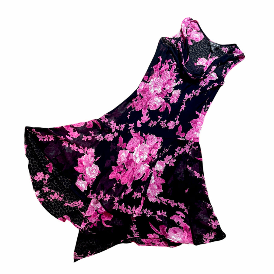 Y2K Pink & Black Floral Handkerchief Hem Midi Dress (XL)