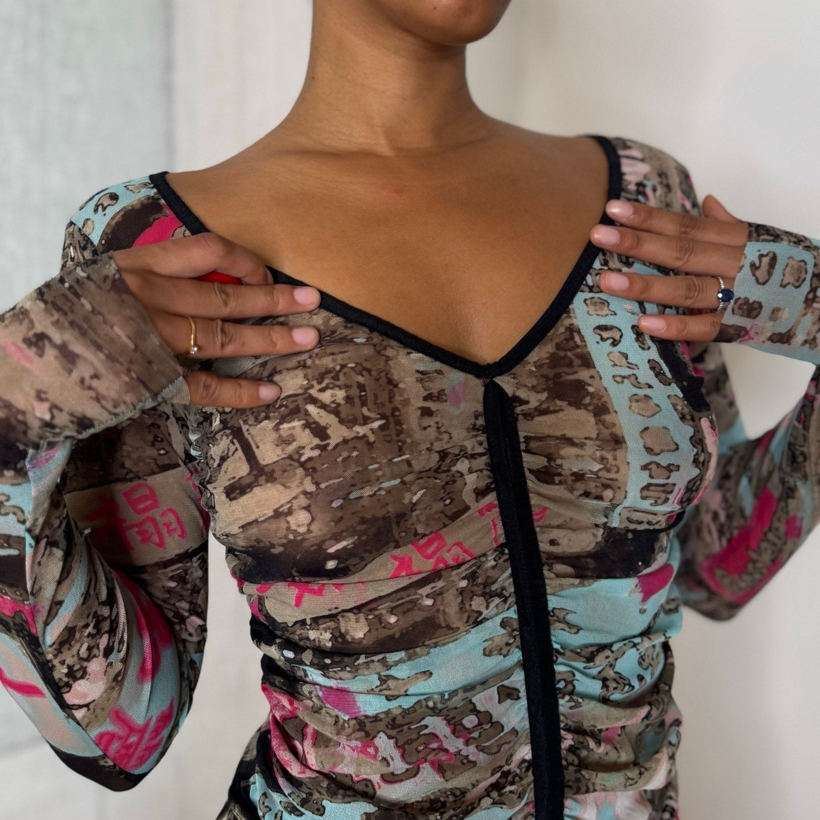 French vintage turquoise and pink graphic print sheer mesh long sleeve top