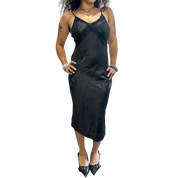 Vintage Black Silk Lace Slip Midi Dress (S)