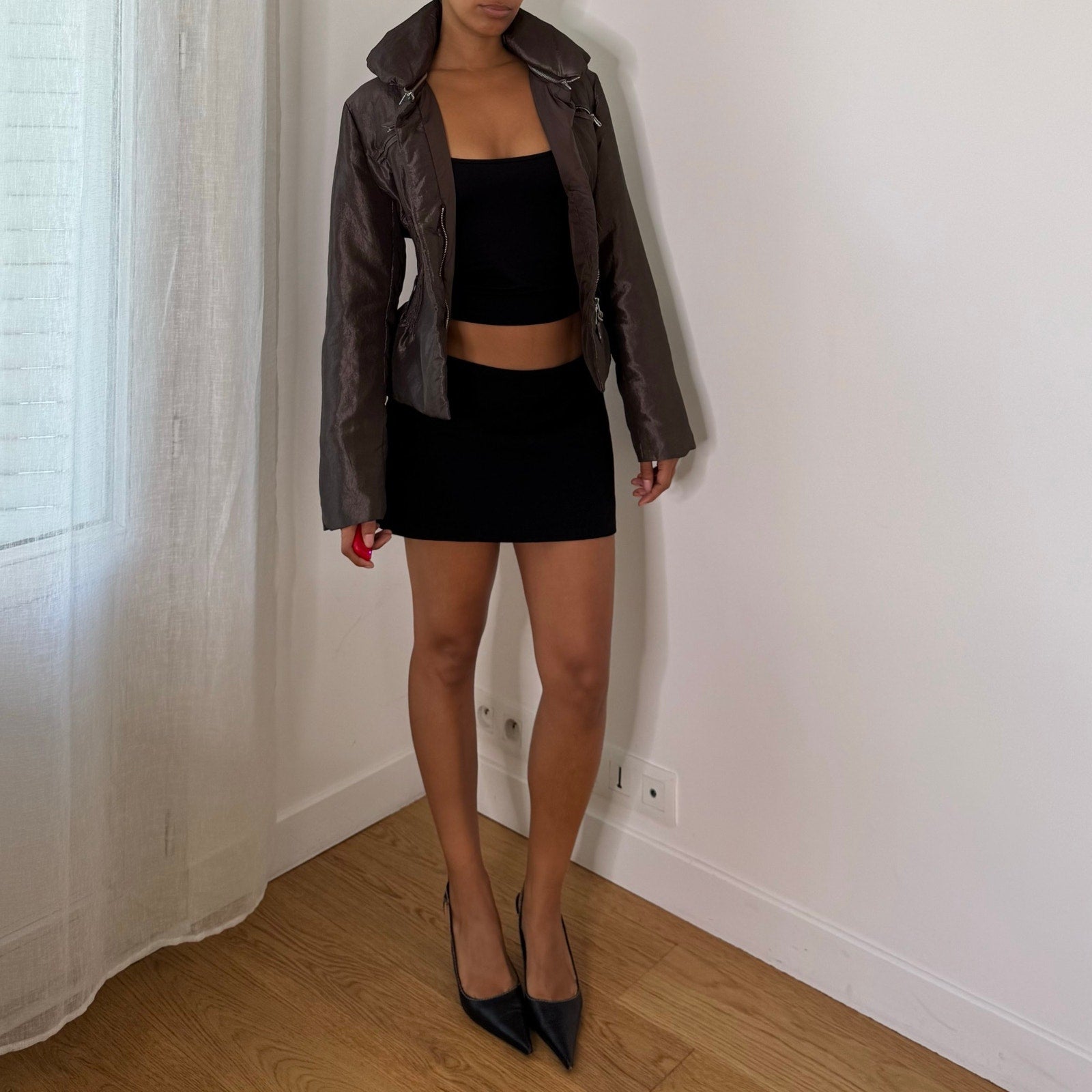 Euro vintage metallic taupe brown fitted jacket with high collar