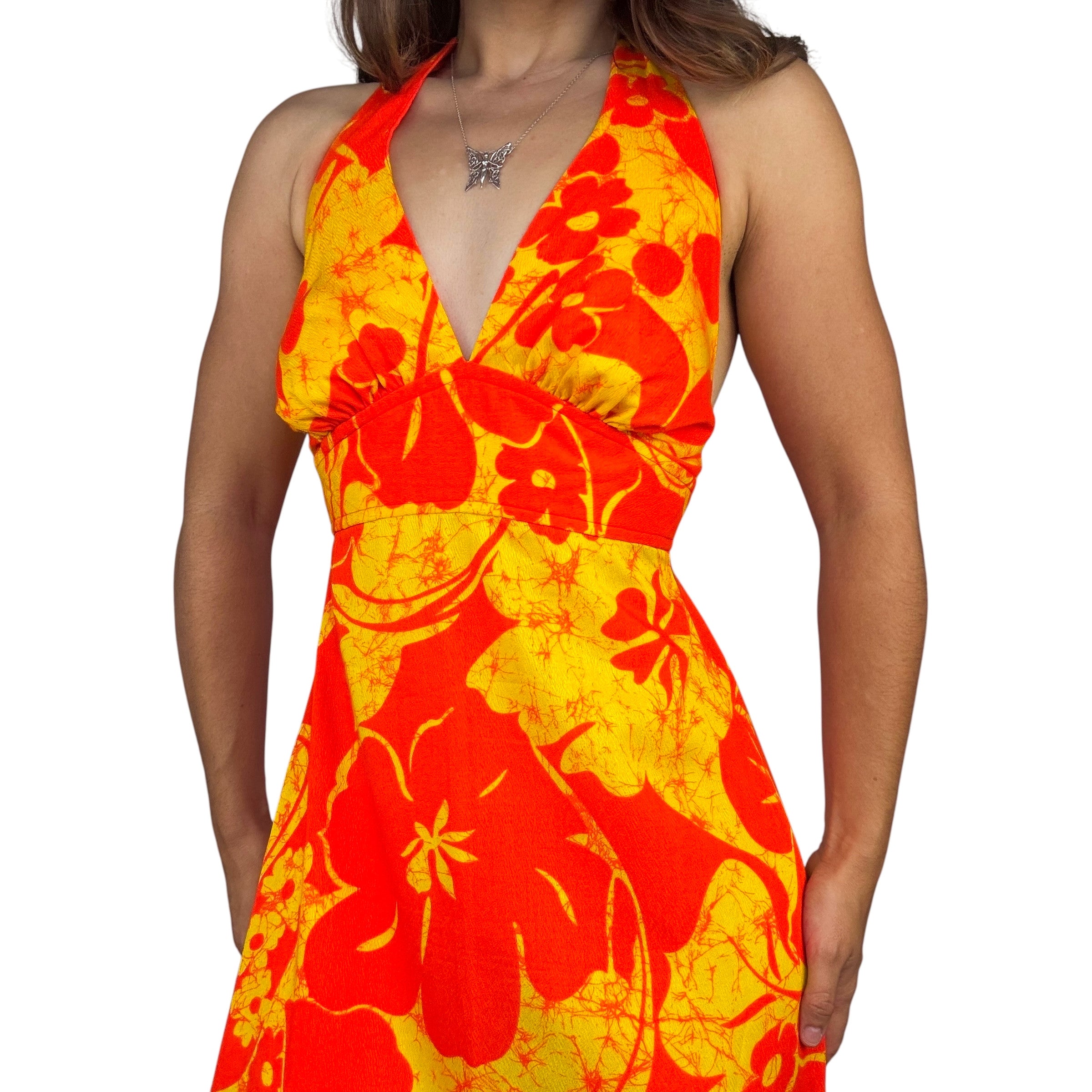 70s Hawaiian Halter Maxi Dress (M)