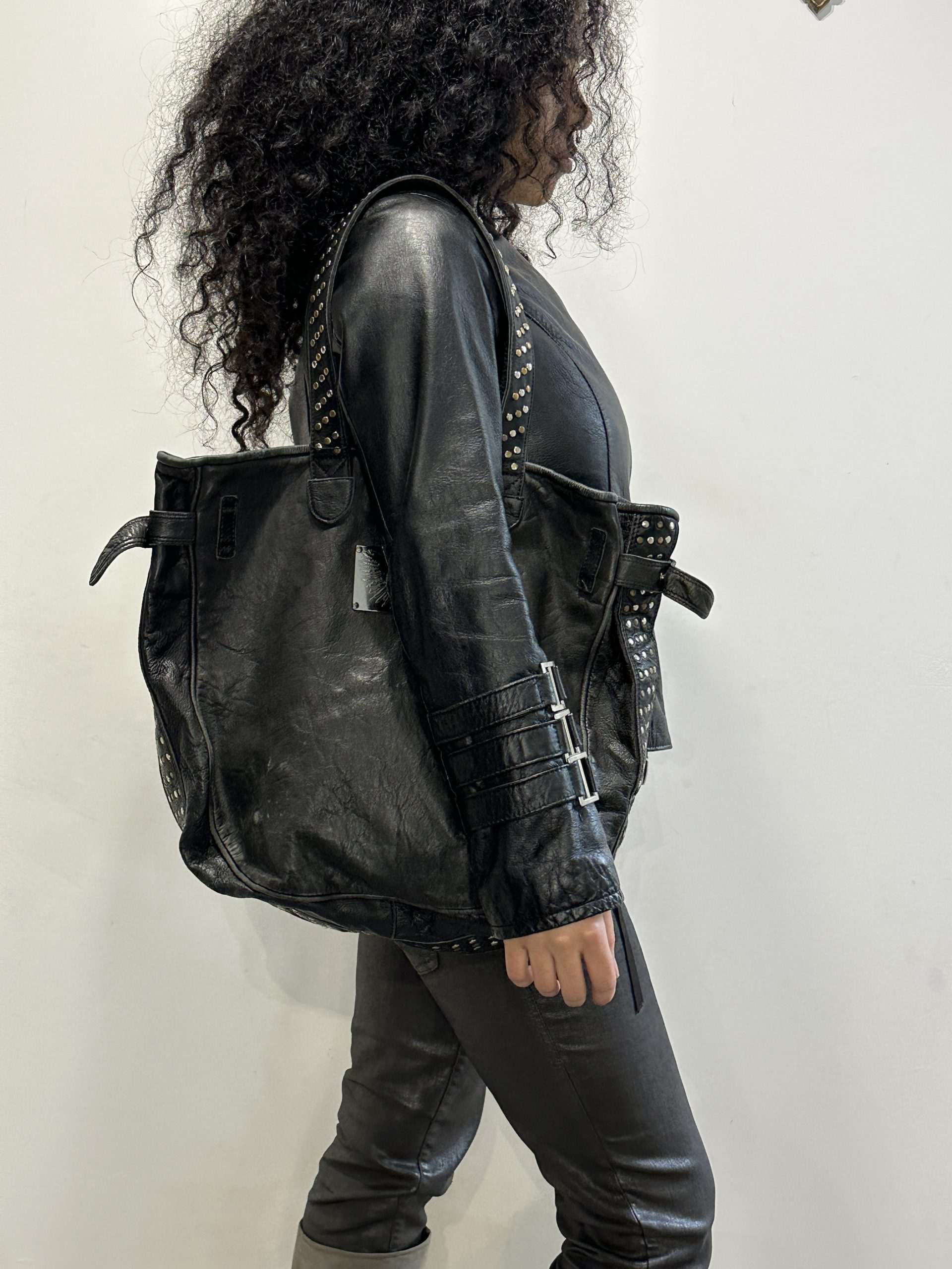 Vintage Black Buckle Italian Leather Jacket (M)