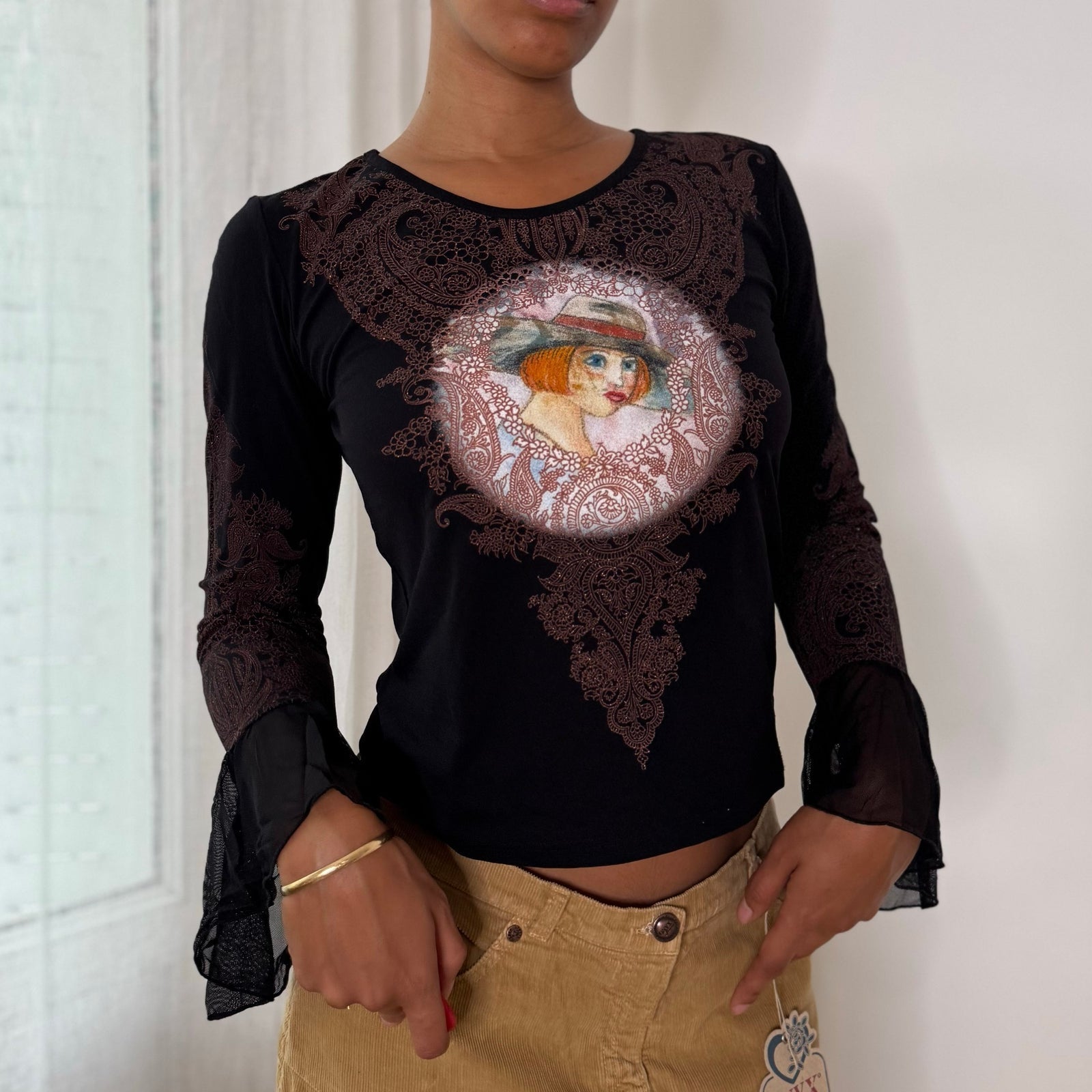 Misia Paris French vintage Y2K black illustrated portrait mesh top with brown lace print & sheer bell sleeves