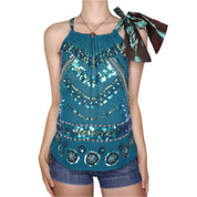 Y2K Teal Beaded Silk Top (M)