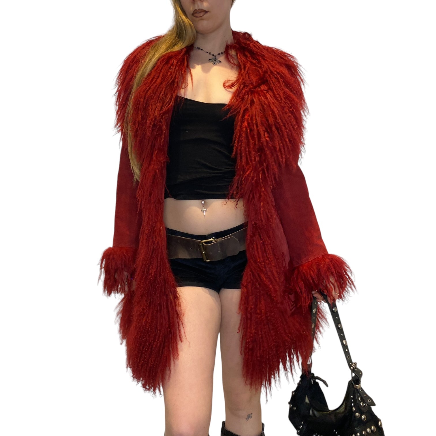 Vintage Red Suede Mongolian Fur Penny Lane Coat (S/M)