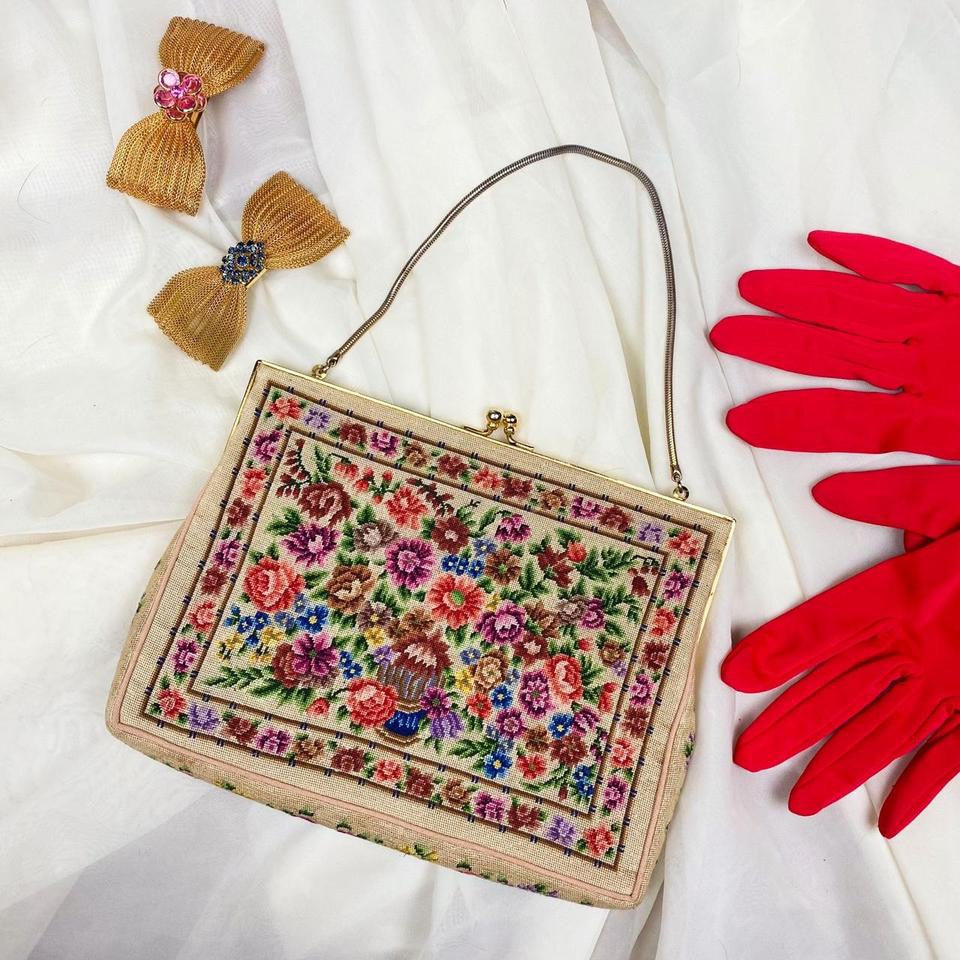 Vintage Floral Needlepoint Evening Bag