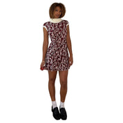 Italian vintage 2000s burgundy cream & black geometric print slinky mini dress with knit turtleneck