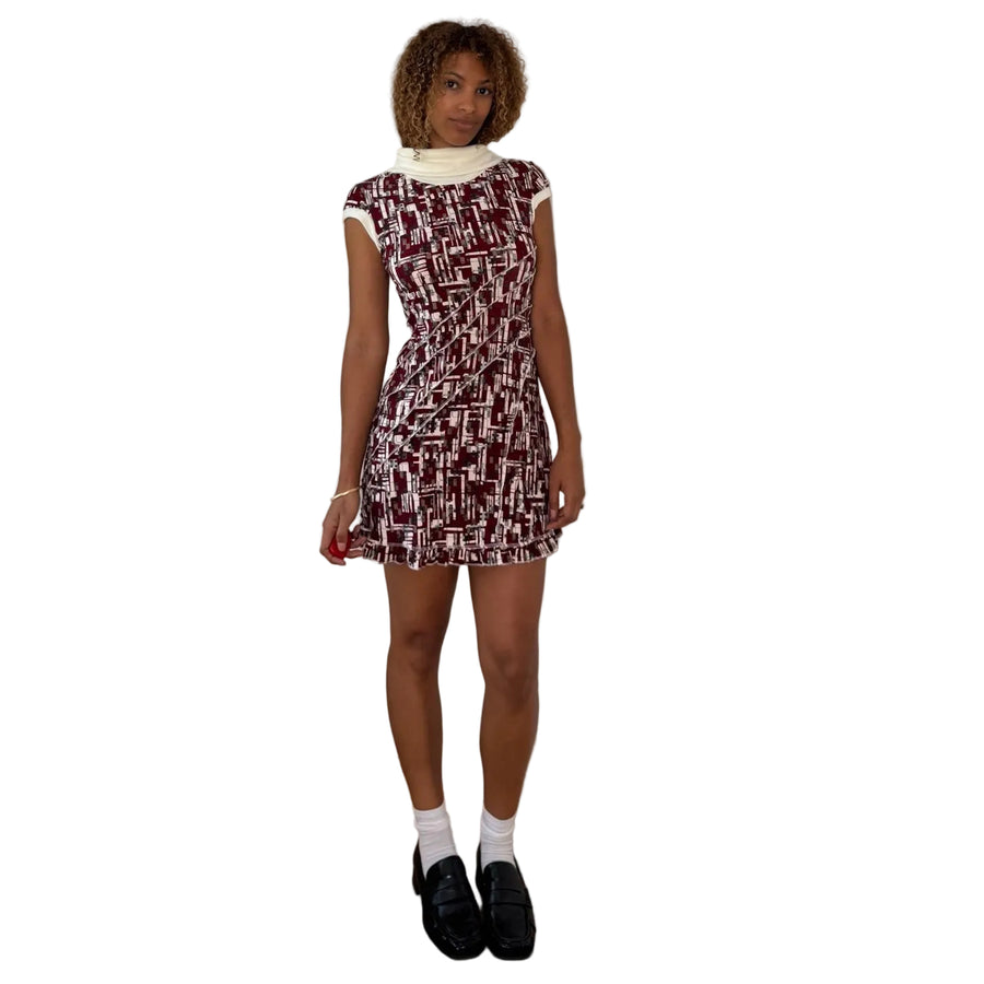 Italian vintage 2000s burgundy cream & black geometric print slinky mini dress with knit turtleneck