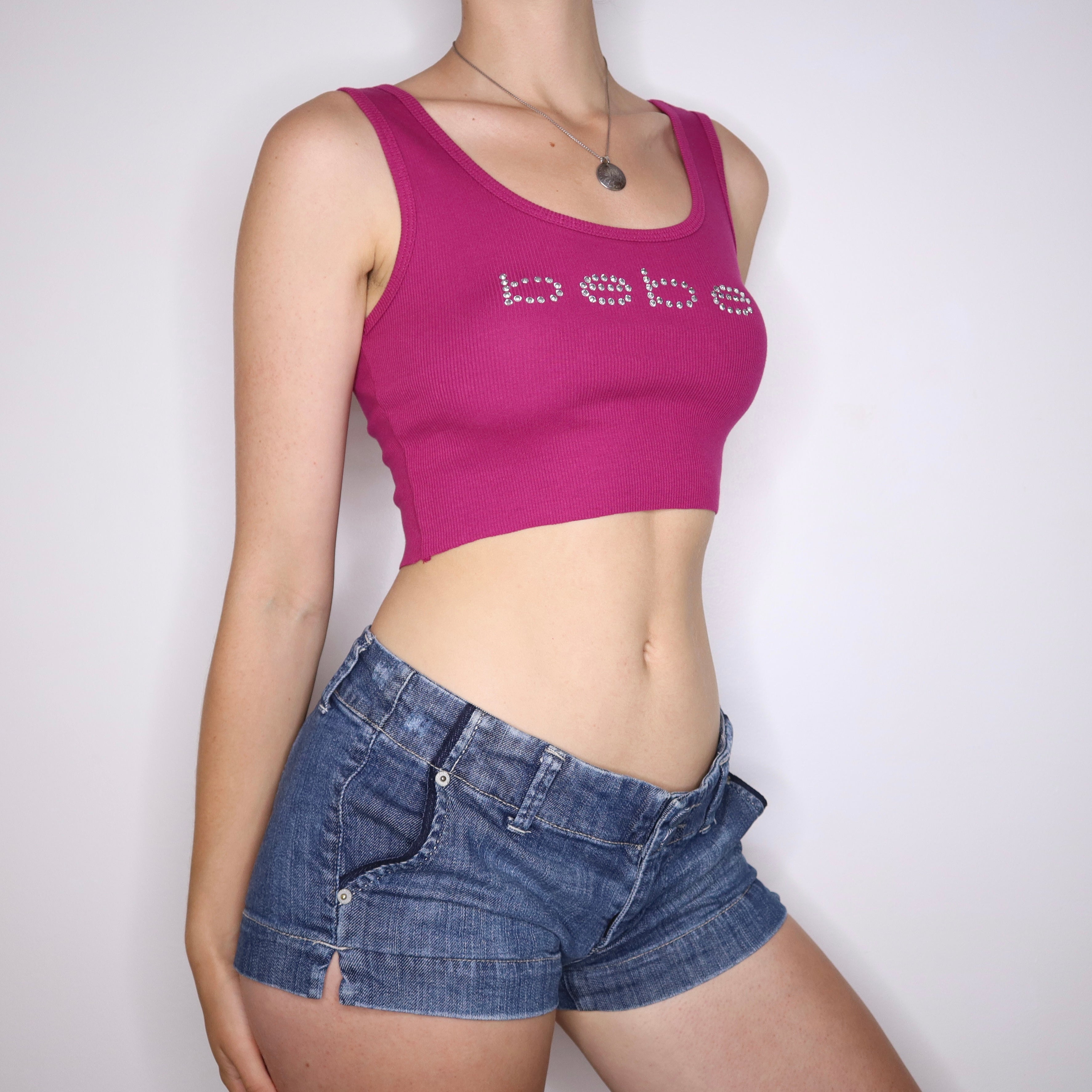 Y2K BEBE Pink Diamanté Cropped Tank Top (XS)