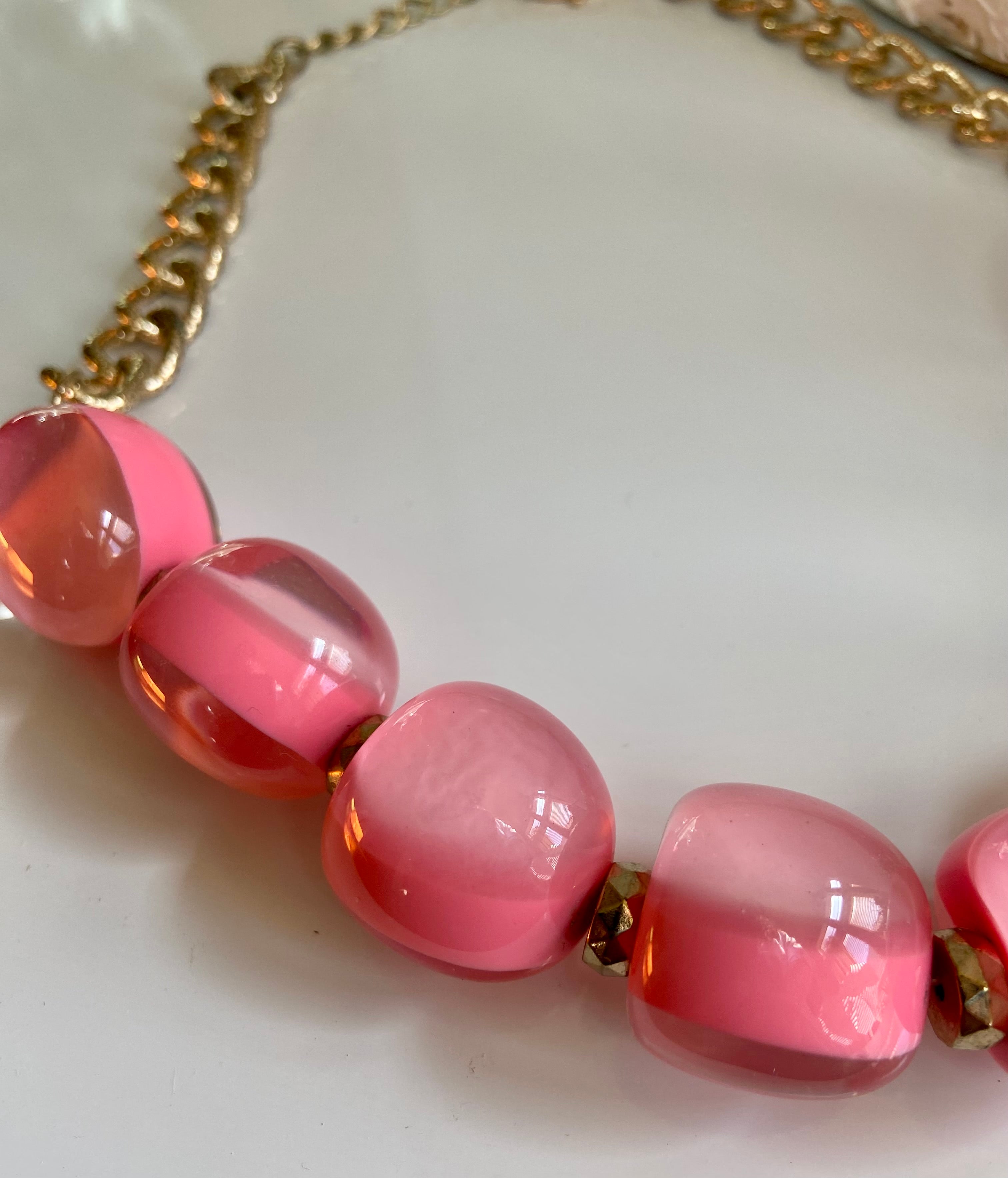 Chunky Bead Pink Clear Lucite Rhinestone Necklace INC 80s 90s