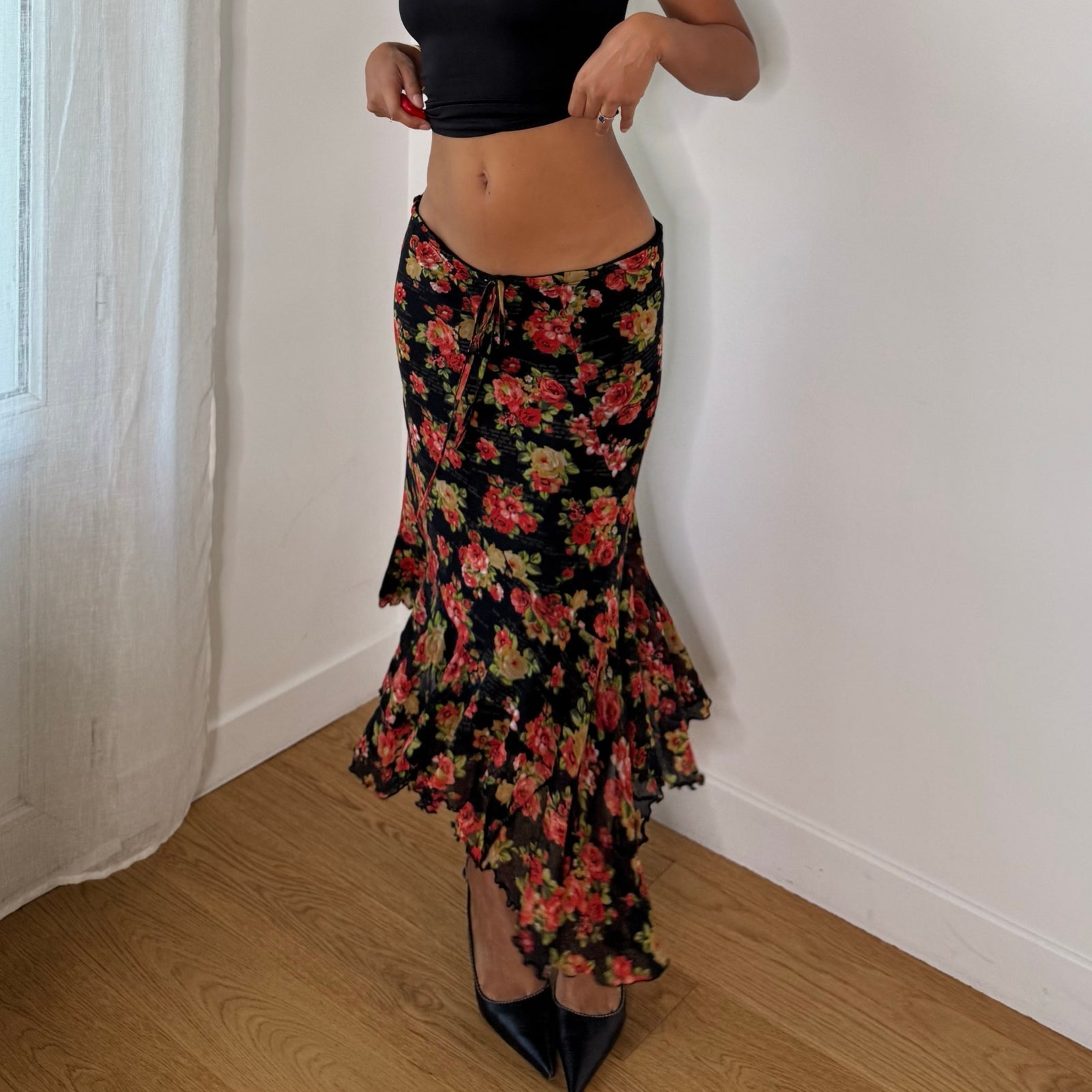 Twin-Set Italian vintage 2000s black floral mesh midi skirt with red roses, drawstring waist & asymmetric ruffle hem