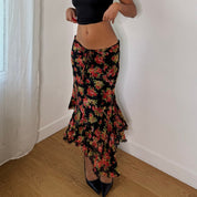 Twin-Set Italian vintage 2000s black floral mesh midi skirt with red roses, drawstring waist & asymmetric ruffle hem