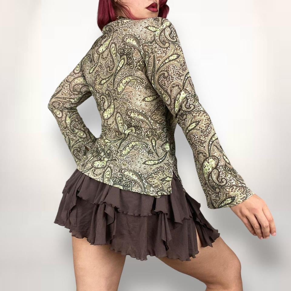 90s Paisley Mesh Bell Sleeve Top (M-L)