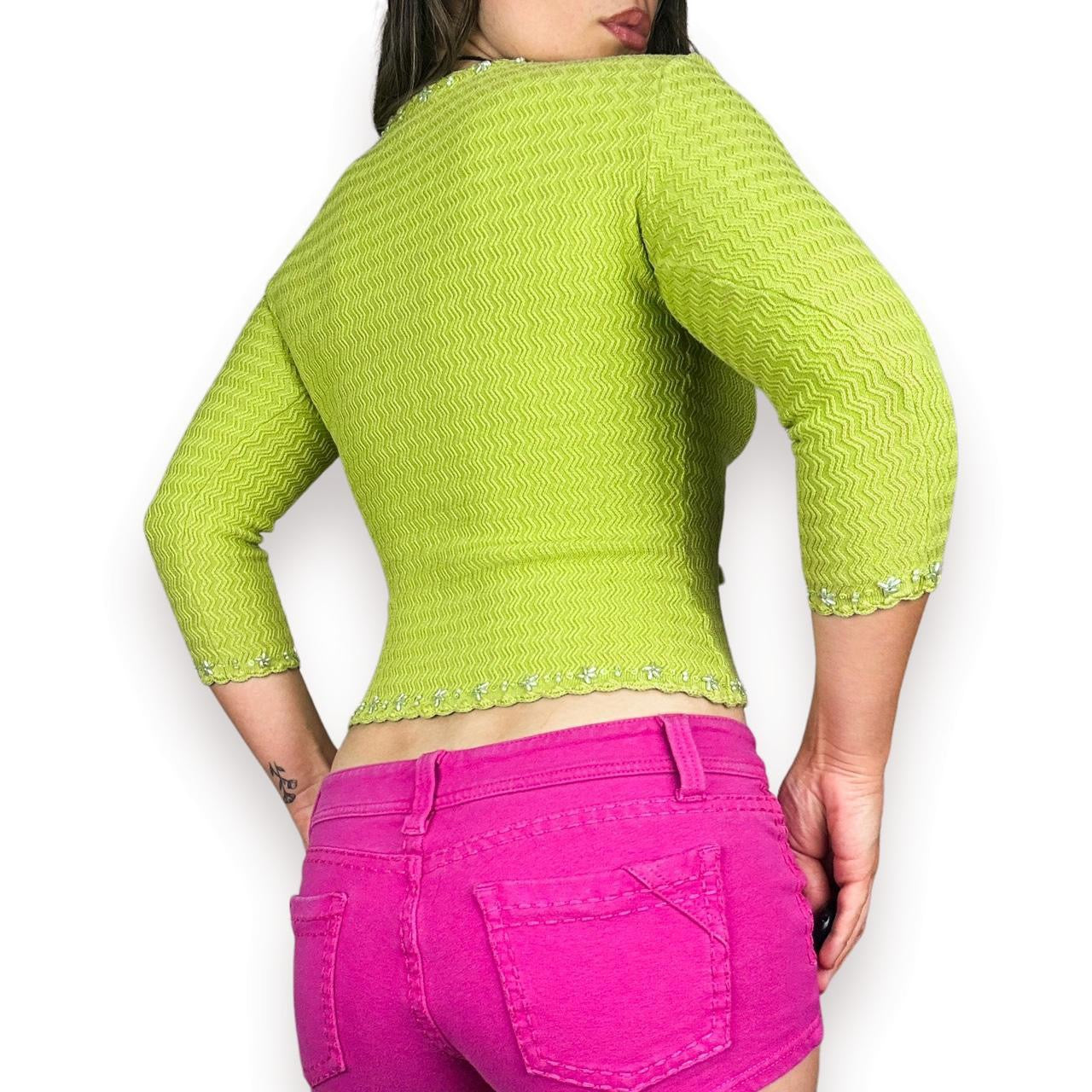 2000s Chartreuse Silk Knit Zip Up (S)