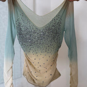 Italian vintage pale blue and ivory sequin embellished mesh long sleeve top