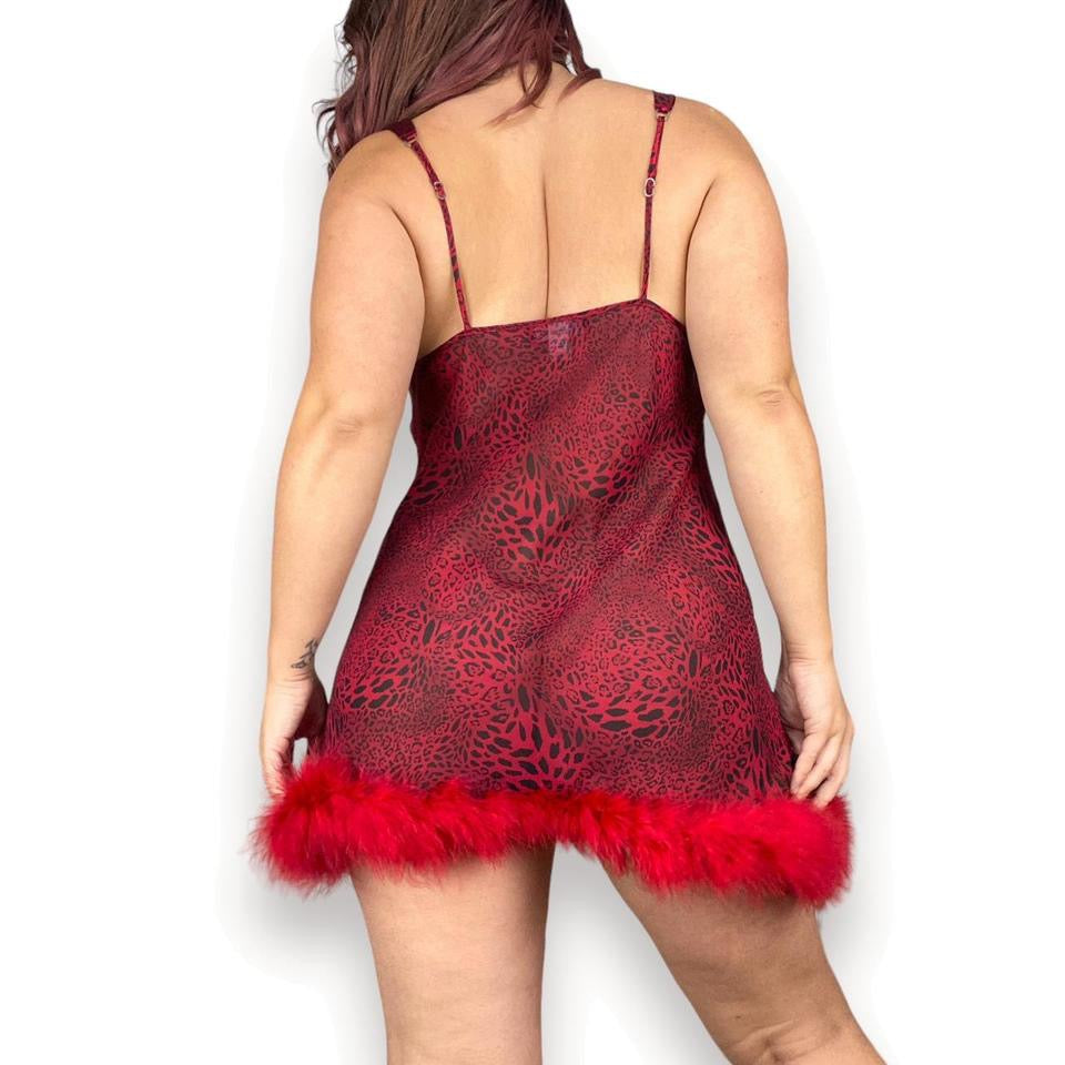 2000s Feather Trim Leopard Slip (L)