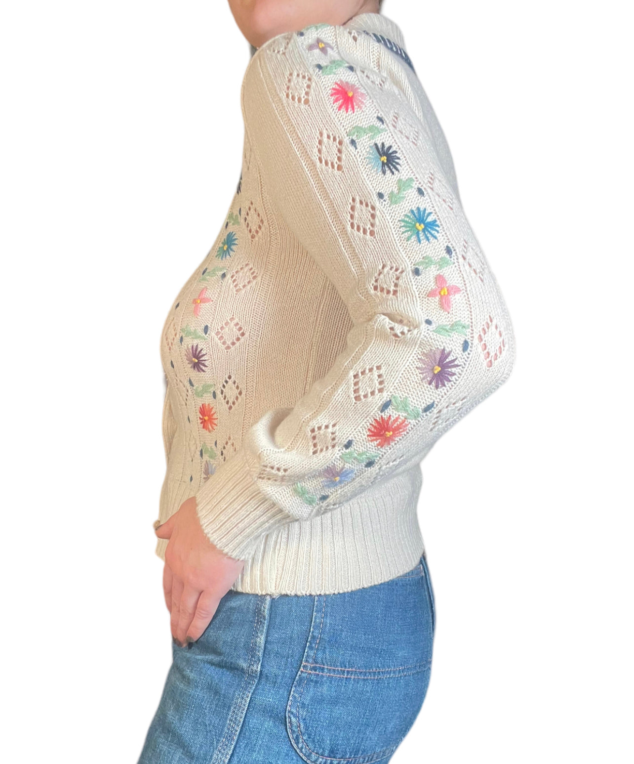 70s Cream Wool Embroidered Sweater (S/M)