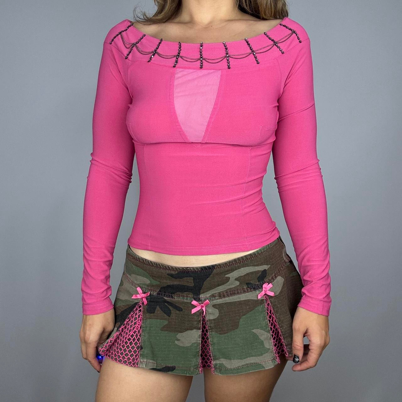 Pink Mesh Cutout Neckline Beaded Boatneck Long Sleeve (S)