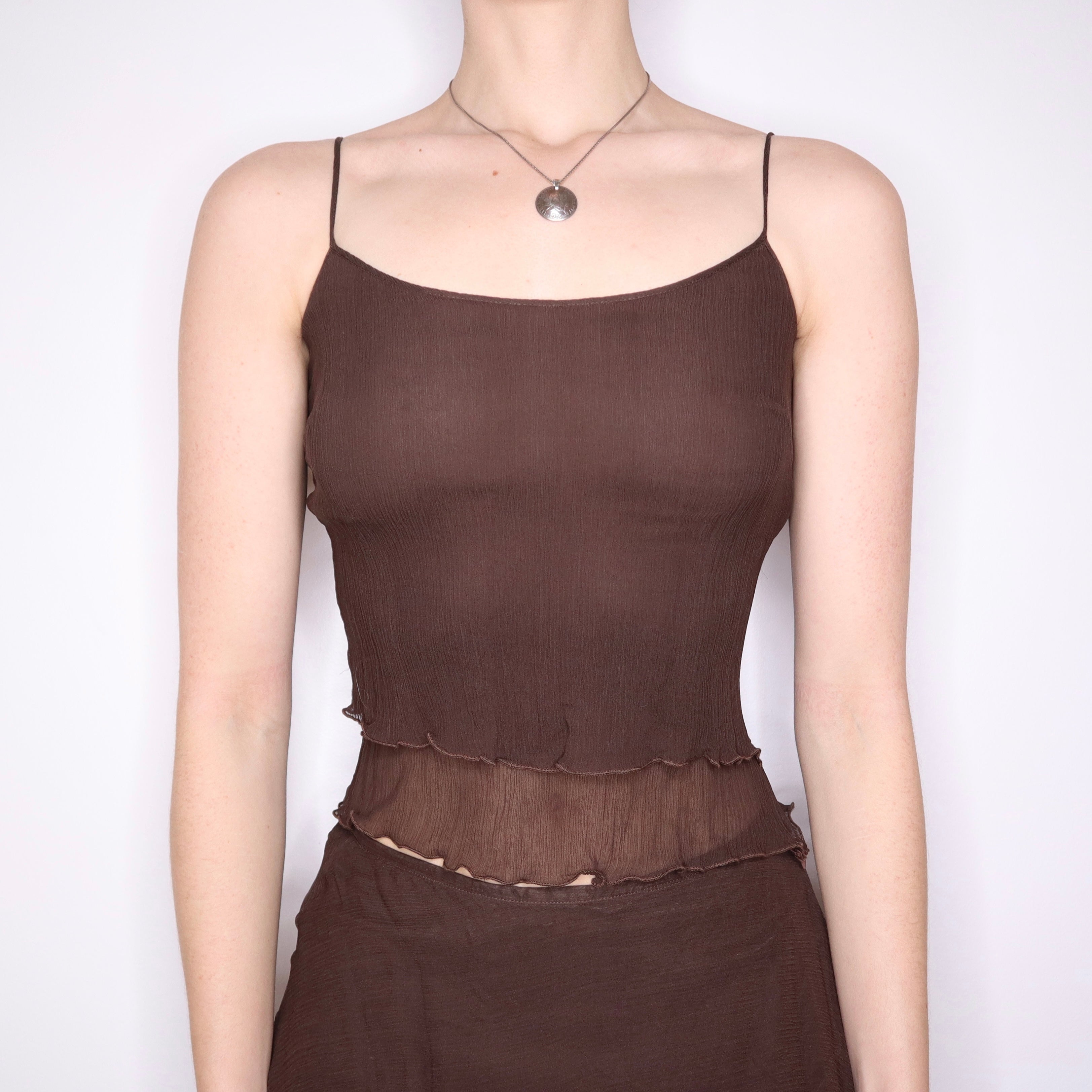 90s Boho Brown Silk Chiffon Two Piece Set (XS)