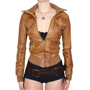 Y2K Sexy Brown Leather Moto Jacket (XS) 