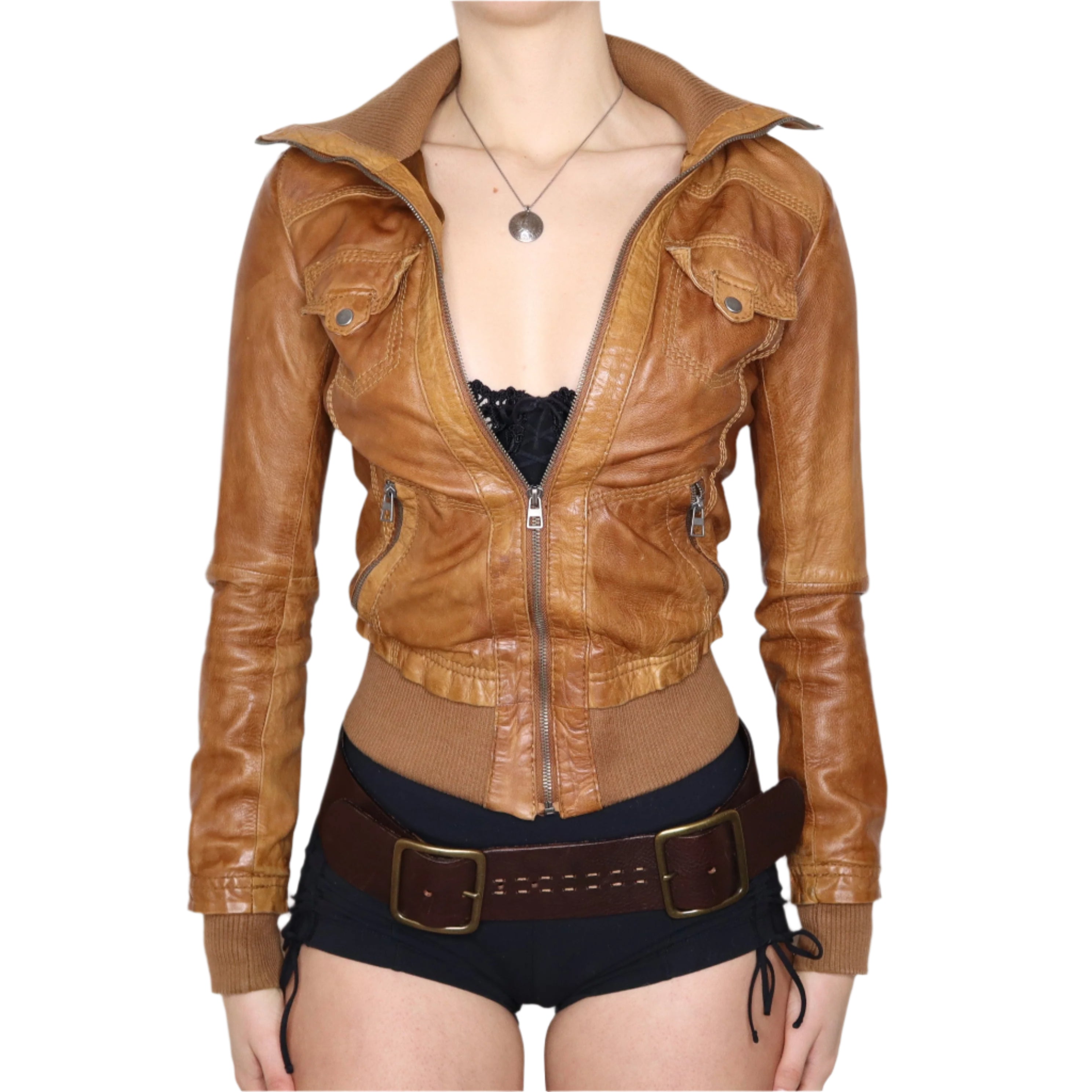Y2K Sexy Brown Leather Moto Jacket (XS) – Holy Thrift