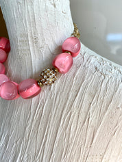 Chunky Bead Pink Clear Lucite Rhinestone Necklace INC 80s 90s