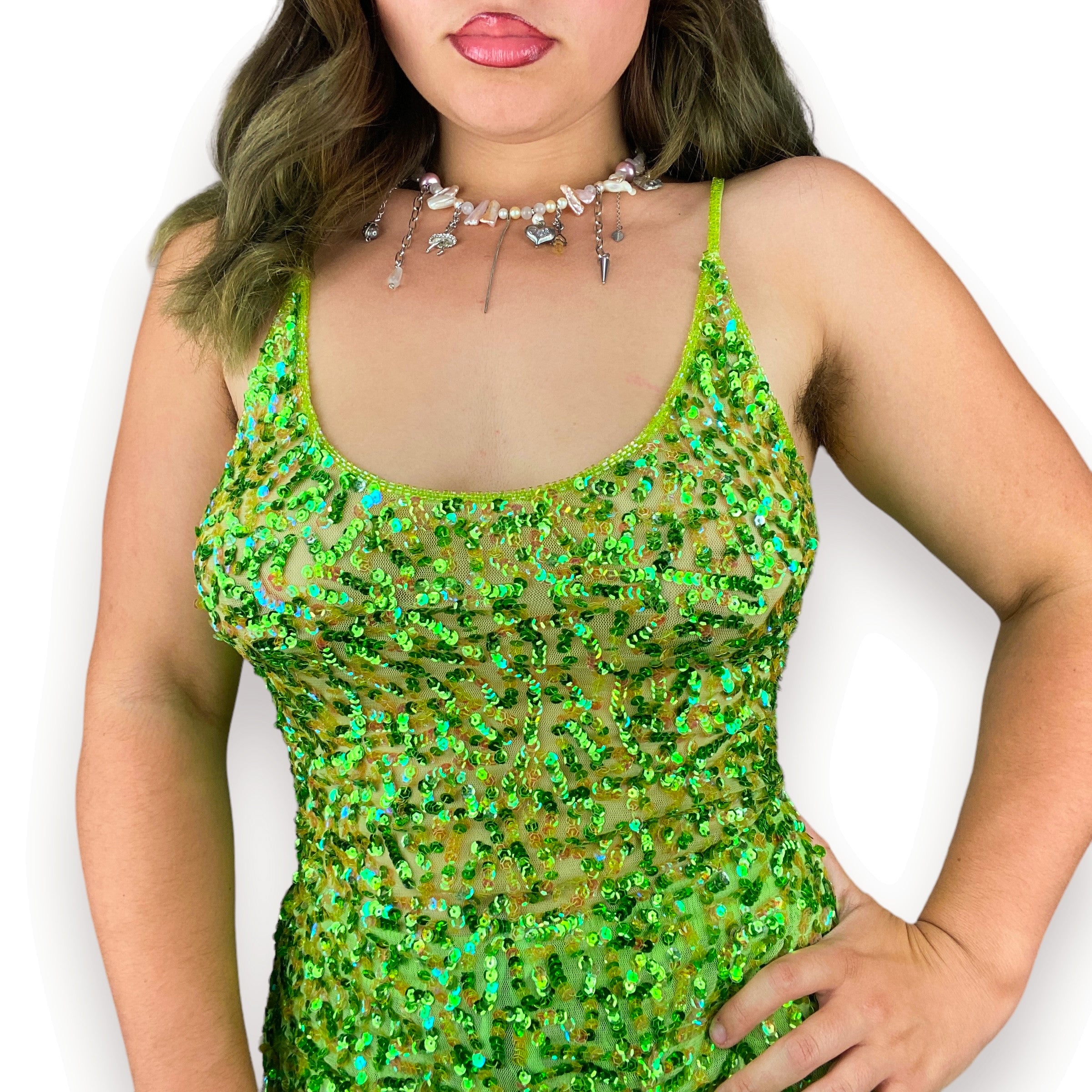 Y2K Lime Beaded Mesh Tank Top (S)