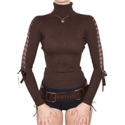 Y2K Brown Ribbon Turtleneck Sweater (XS/S)