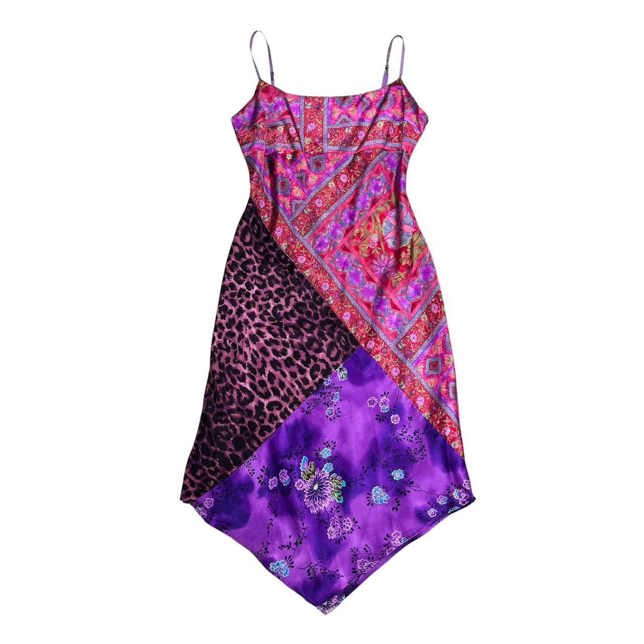 Y2K Satin Patchwork Midi Dress (M)