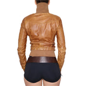 Y2K Sexy Brown Leather Moto Jacket (XS) 