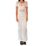 90s Sheer Cream Lace Maxi Dress (S/M)