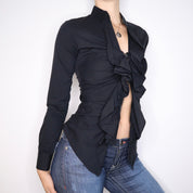 Y2K Designer Black Ruffle Zip Up Blouse (S)