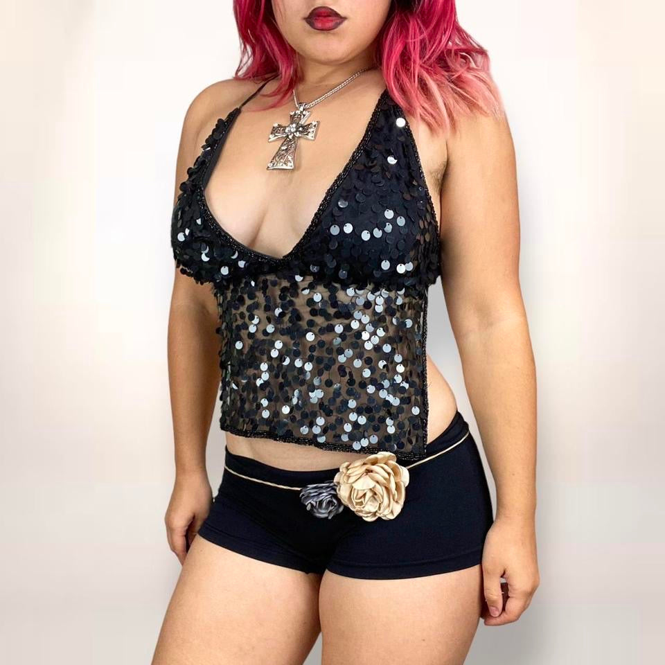 Y2K Beaded Backless Mesh Halter Top (One Size)