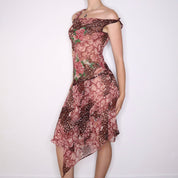 Y2K Pink Leopard Print Beaded Chiffon Dress (S)