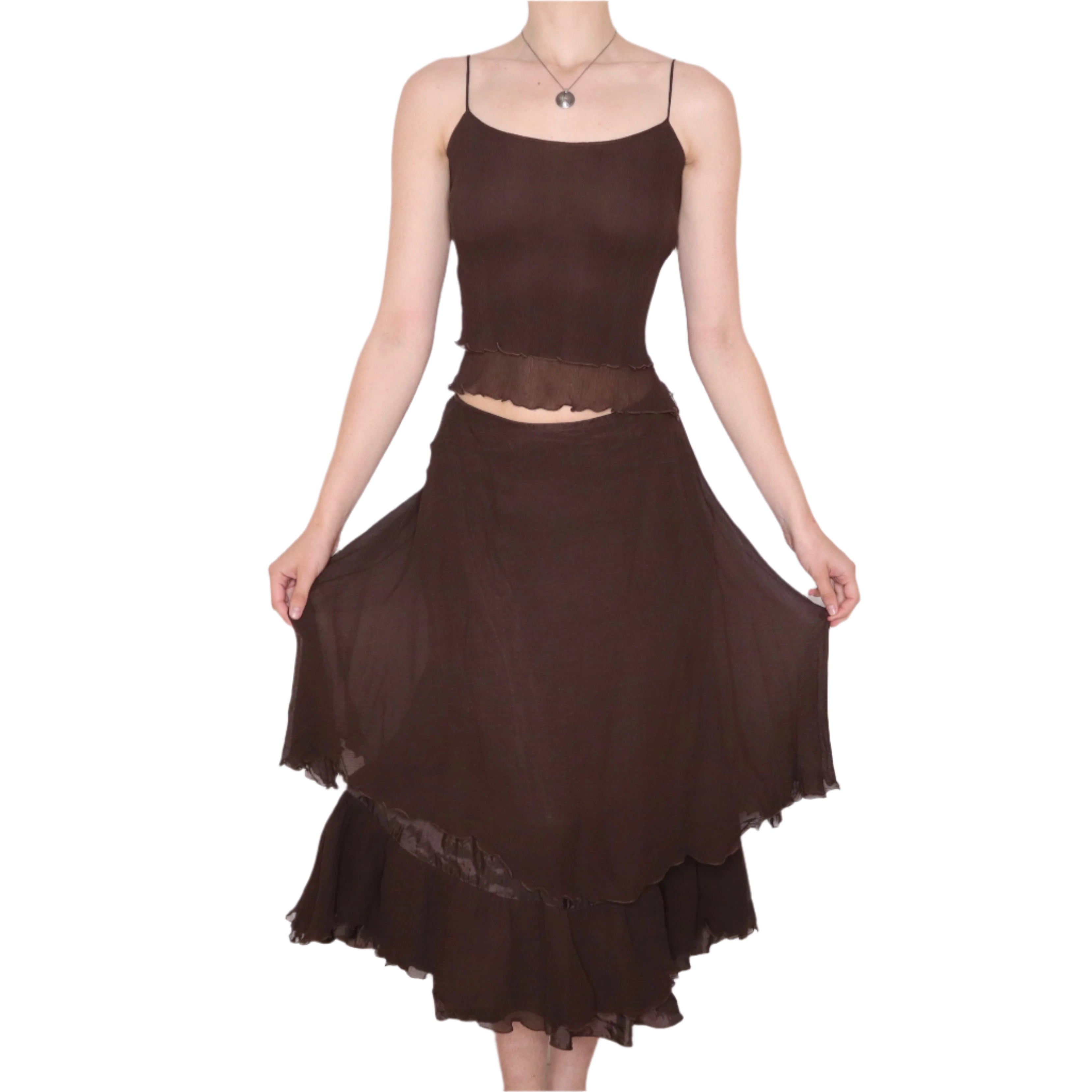 90s Boho Brown Silk Chiffon Two Piece Set (XS)