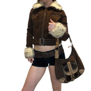 Vintage Faux Fur Collar Cuff Cropped Moto Jacket (S/M)