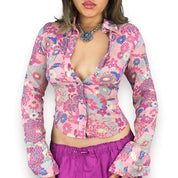 2000s Silk Floral Button Down (XS)