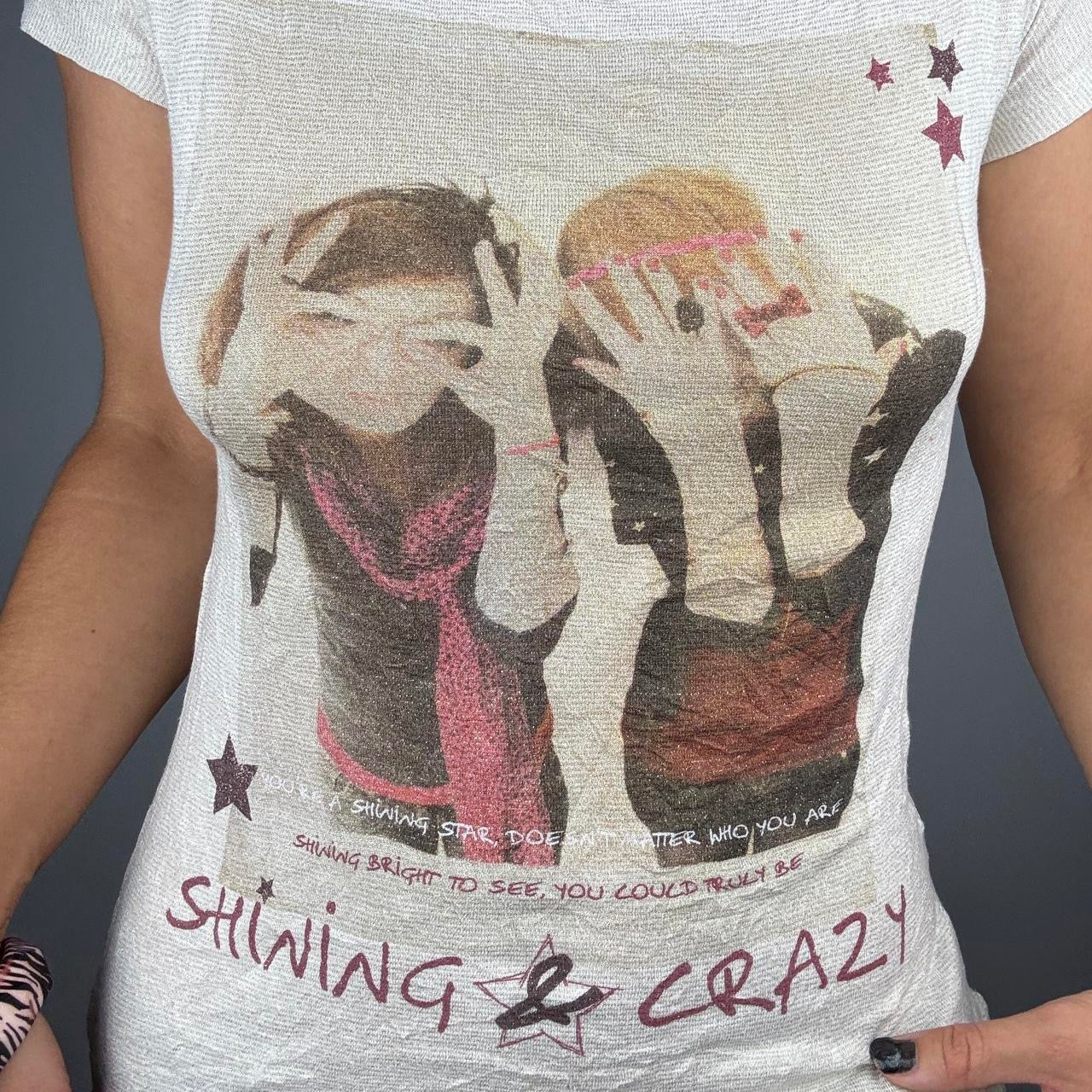 2000s Scene Girl “Shining & Crazy” Graphic Baby Tee (XS)