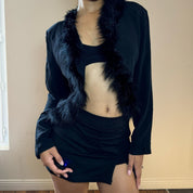 90s Fur collar cropped cardigan top (M)